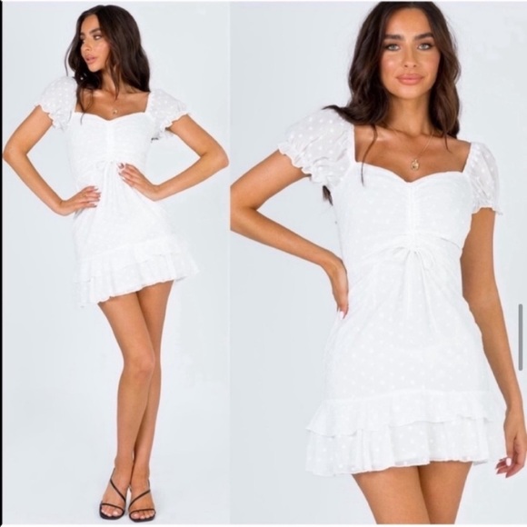 Princess Polly Mikail White Swiss Dot Puff Sleeve Sweetheart Neckline Mini Dress - Picture 12 of 12